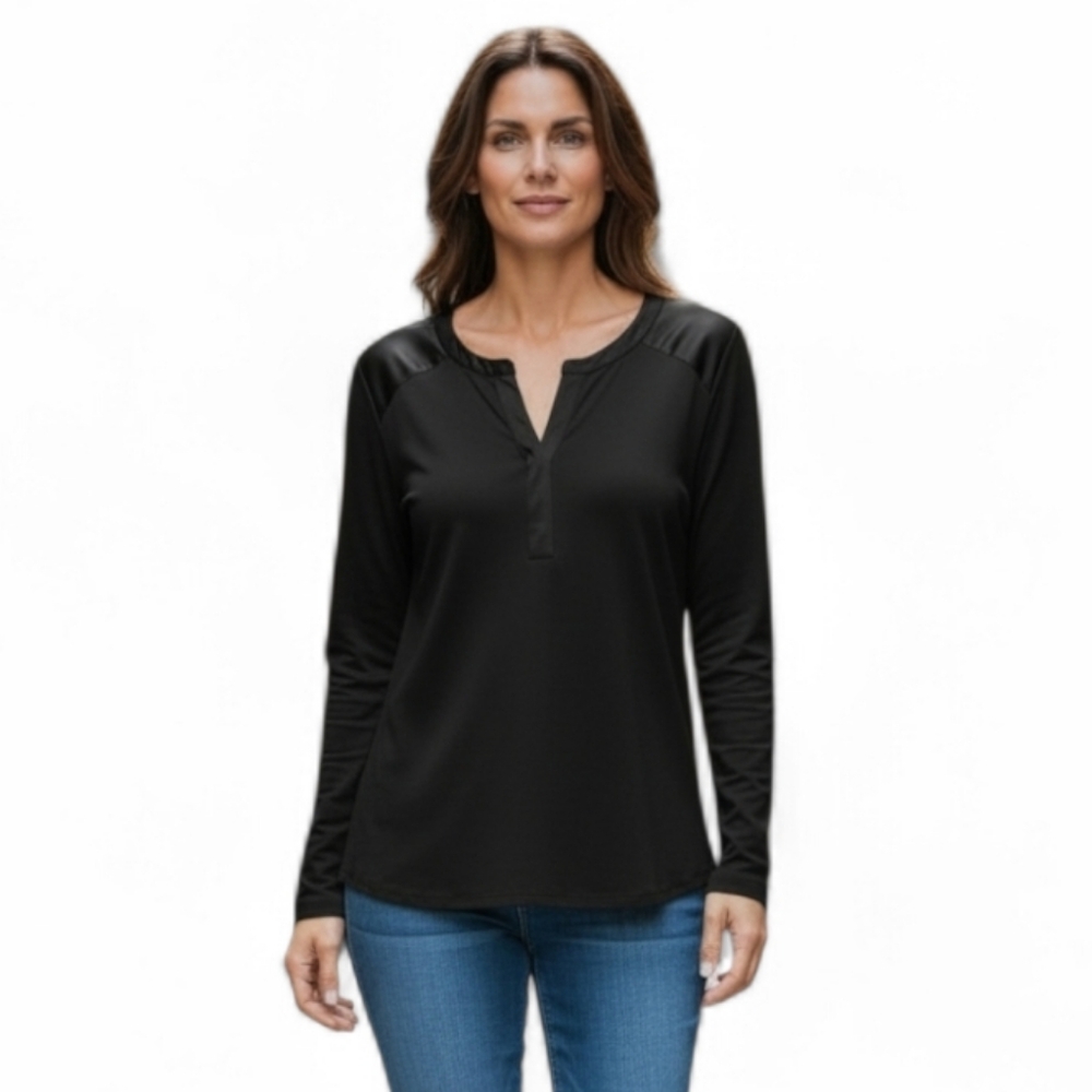 Banana Republic Black Long Sleeve Blouse Satin Trim Vented Crewneck women's med